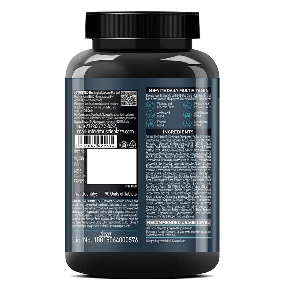 MuscleBlaze MB-VITE Daily Multivitamin, for Enhanced Energy, Stamina & Gut Health 90 tablet(s)