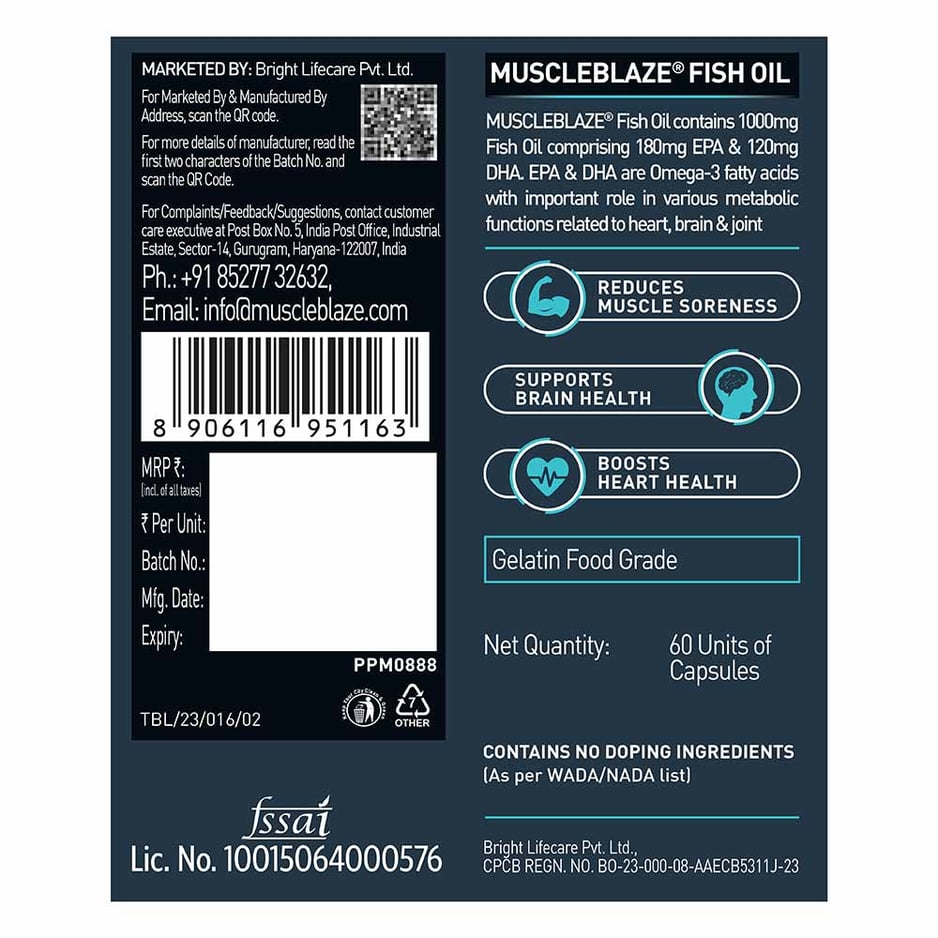 MuscleBlaze Omega 3 Fish Oil (1000 mg) with 180mg EPA and 120mg DHA 60 capsules