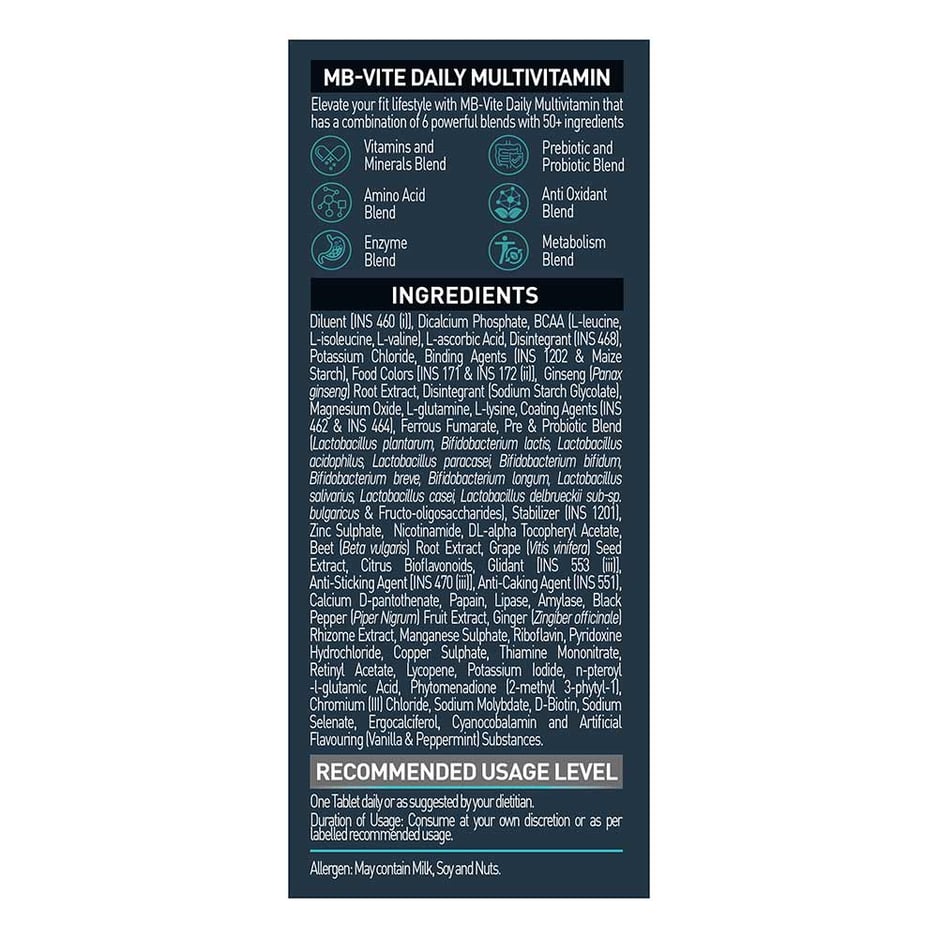 MuscleBlaze MB-VITE Daily Multivitamin, for Enhanced Energy, Stamina & Gut Health 120 tablet(s)