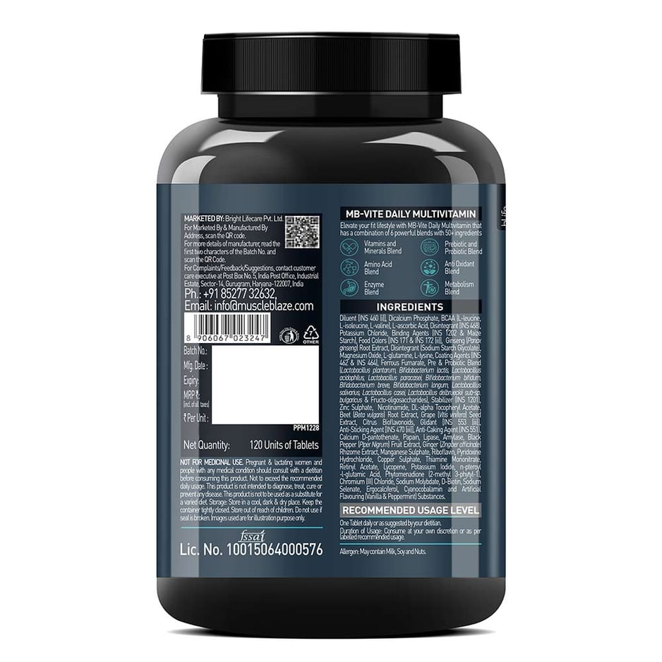 MuscleBlaze MB-VITE Daily Multivitamin, for Enhanced Energy, Stamina & Gut Health 120 tablet(s)