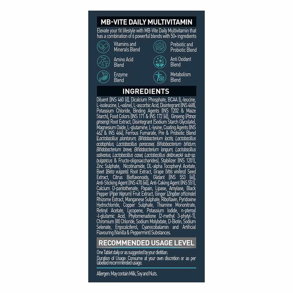 MuscleBlaze MB-VITE Daily Multivitamin, for Enhanced Energy, Stamina & Gut Health 90 tablet(s)