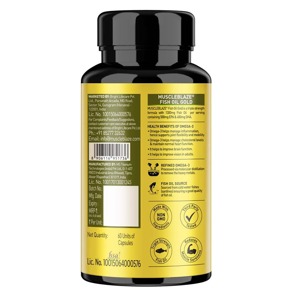 MuscleBlaze Omega 3 Fish Oil Gold 3x Triple Strength (EPA & DHA) 60 capsules