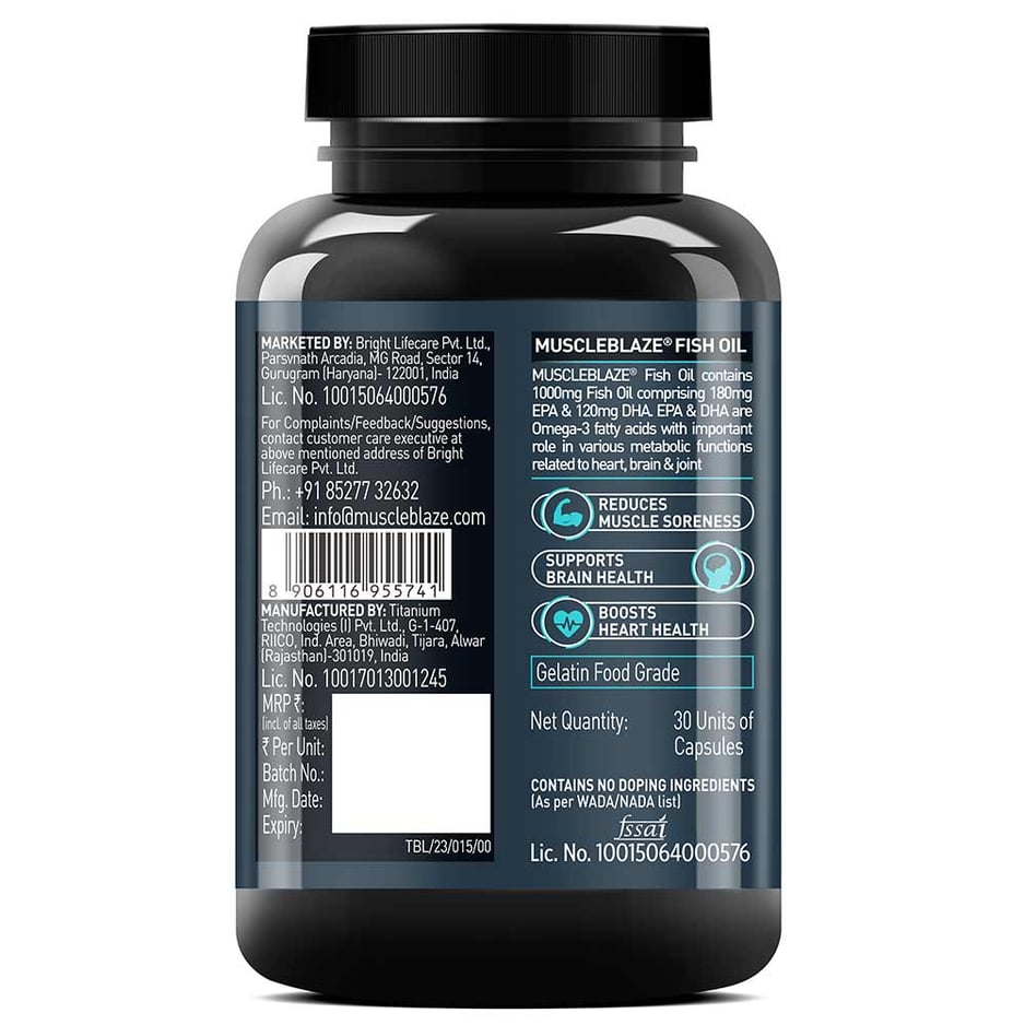 MuscleBlaze Omega 3 Fish Oil (1000 mg) with 180mg EPA and 120mg DHA 30 capsules