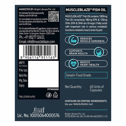 MuscleBlaze Omega 3 Fish Oil (1000 mg) with 180mg EPA and 120mg DHA 60 capsules